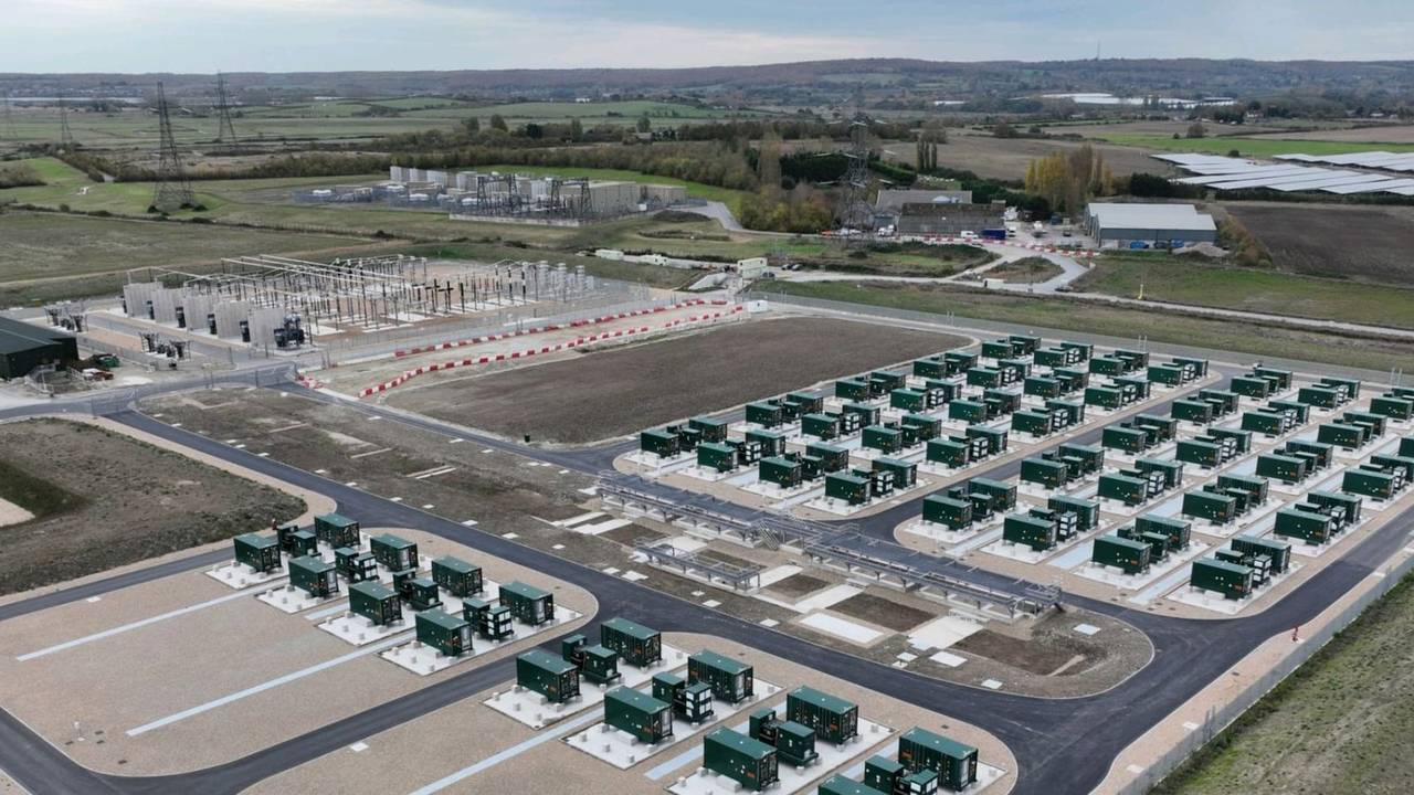 Cleve Hill BESS — battery container array next to electrical compound, Kent UK
